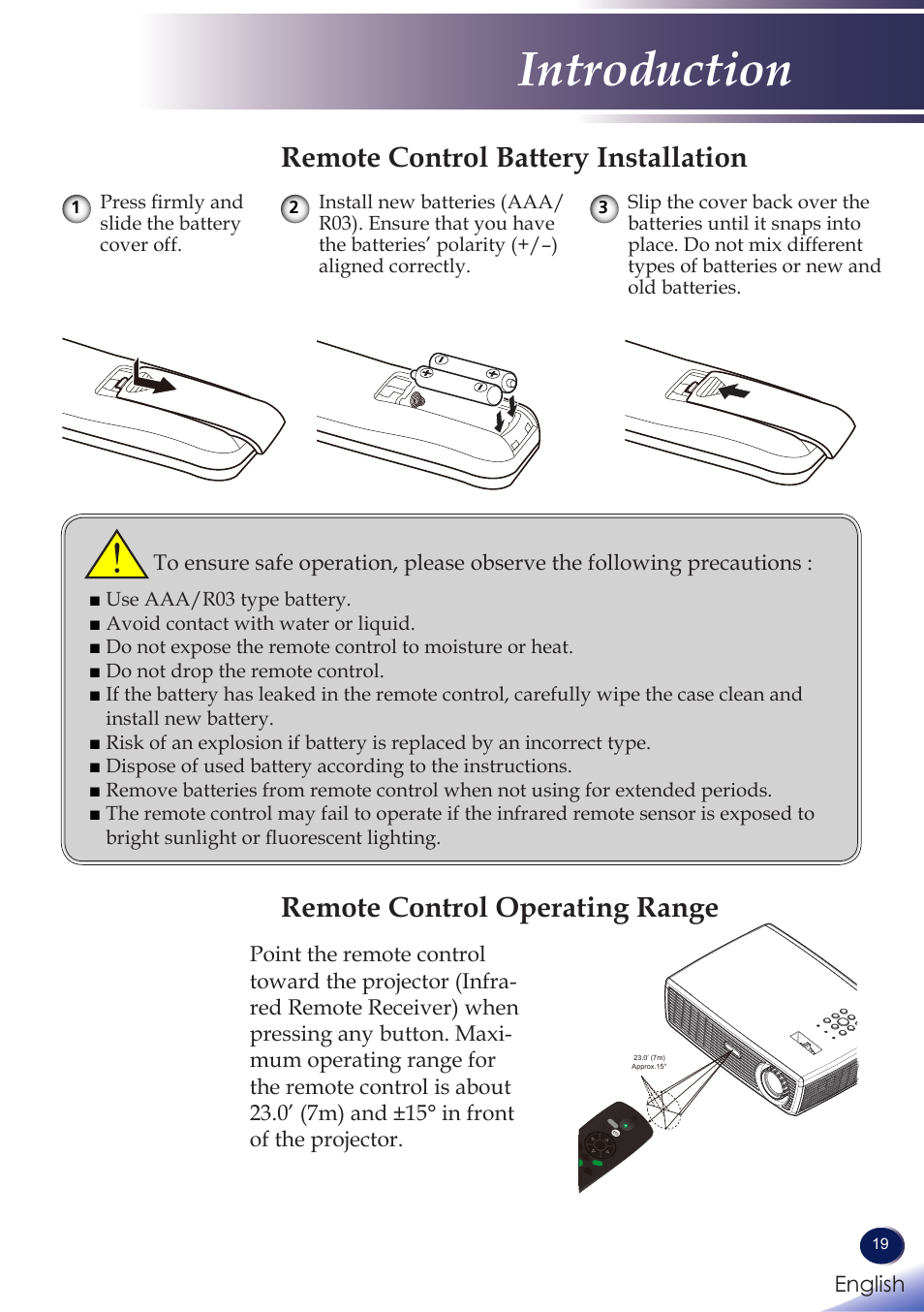 Remote control battery installation, Remote control operating range, Introduction | Ricoh PROJECTOR PJ S2130 User Manual | Page 20 / 54