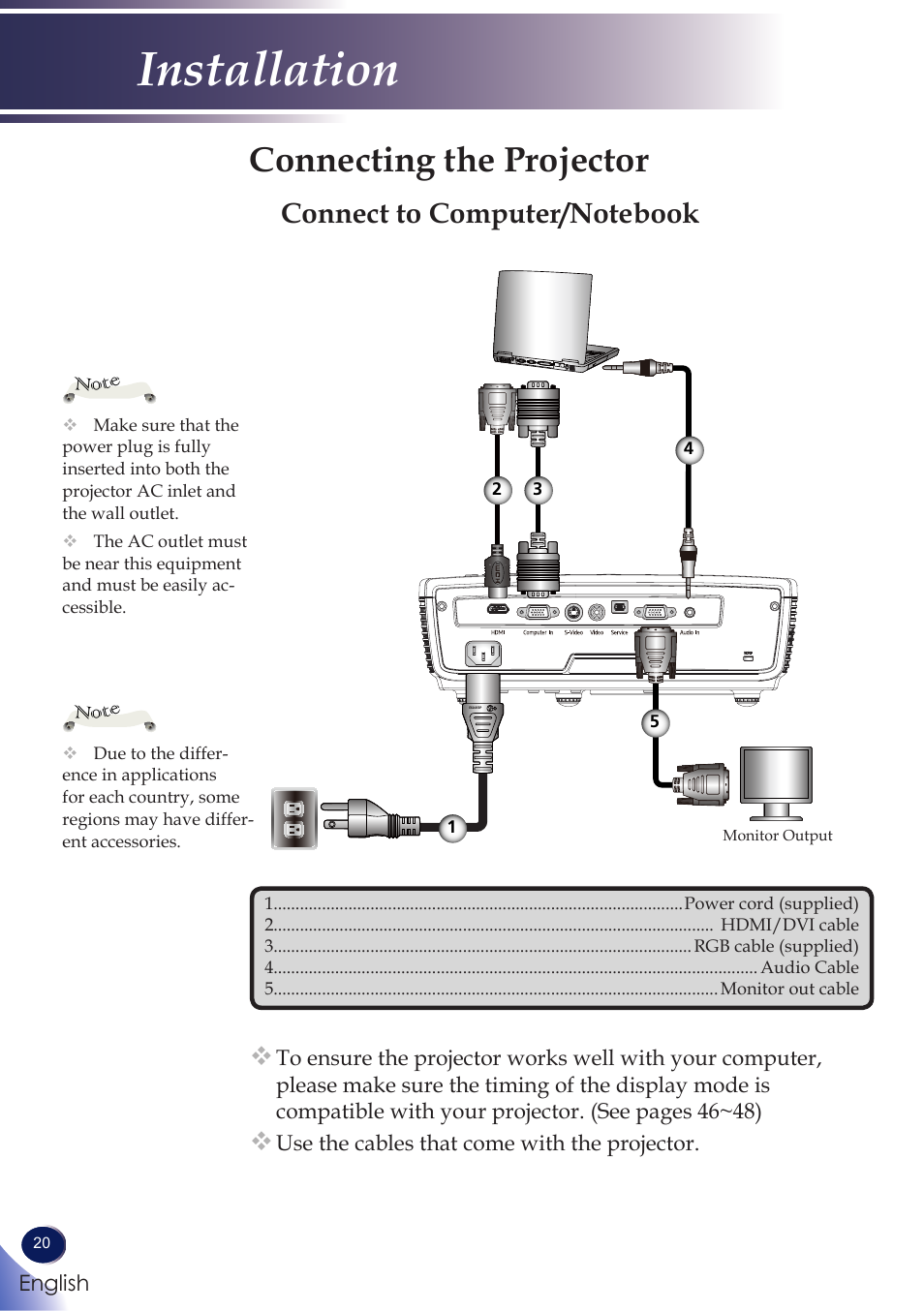 Installation, Connecting the projector, Connect to computer/notebook | Ricoh PROJECTOR PJ S2130 User Manual | Page 21 / 54