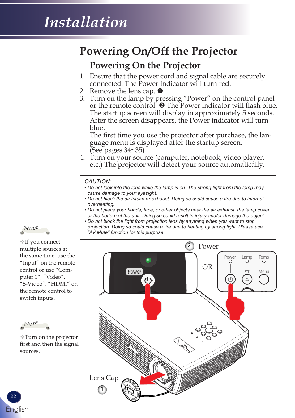 Powering on/off the projector, Powering on the projector, Installation | Ricoh PROJECTOR PJ S2130 User Manual | Page 23 / 54