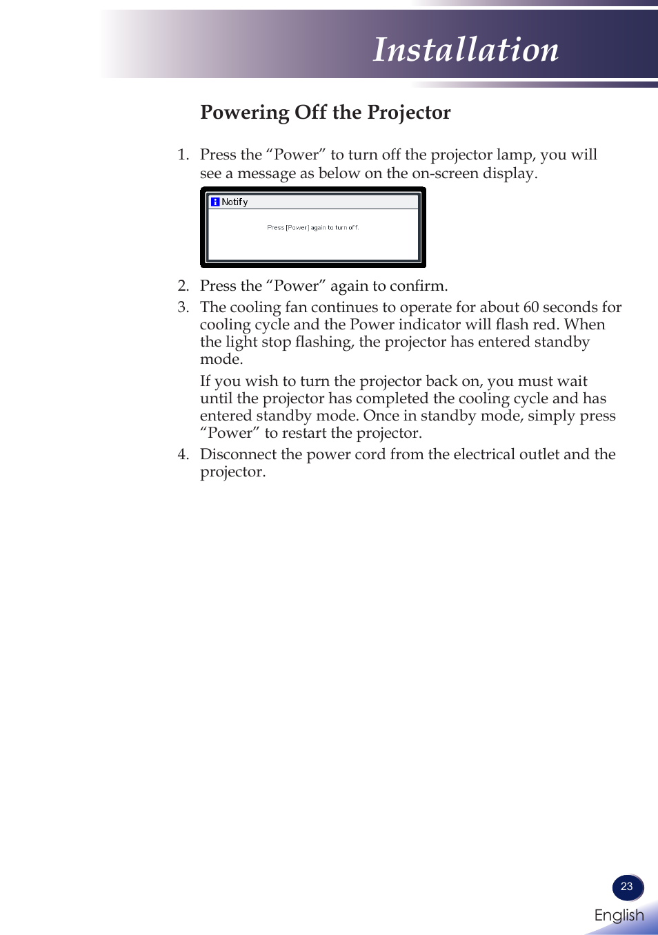 Powering off the projector, Installation | Ricoh PROJECTOR PJ S2130 User Manual | Page 24 / 54
