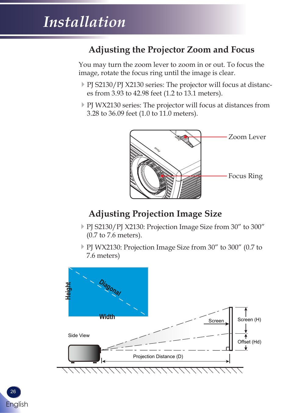 Adjusting the projector zoom and focus, Adjusting projection image size, Adjusting the projector zoom and | Focus adjusting projection image size, Installation | Ricoh PROJECTOR PJ S2130 User Manual | Page 27 / 54