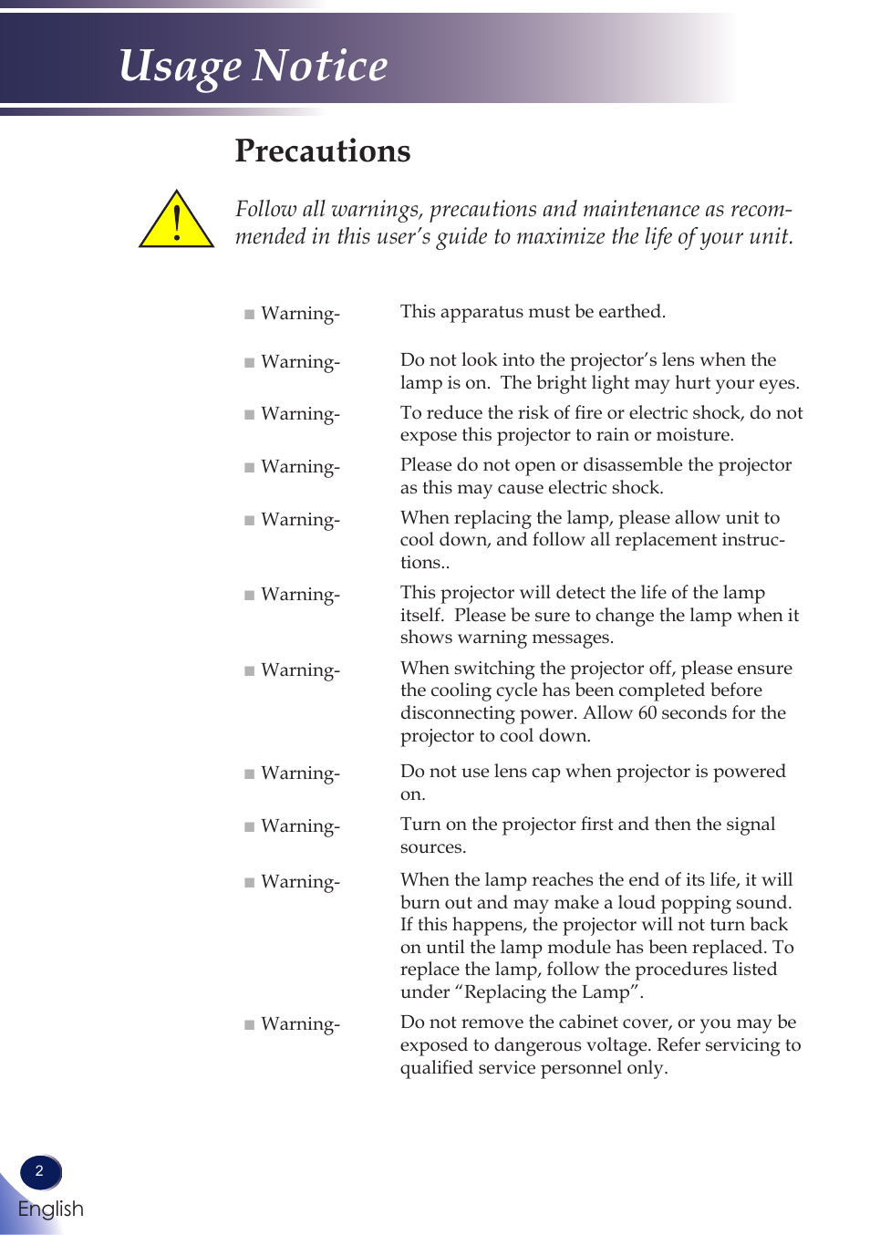 Usage notice, Precautions | Ricoh PROJECTOR PJ S2130 User Manual | Page 3 / 54