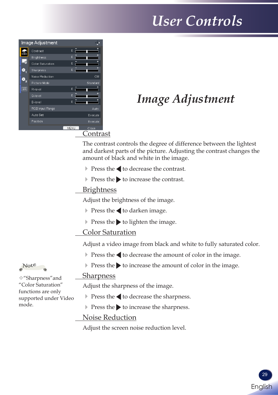 Image adjustment, User controls | Ricoh PROJECTOR PJ S2130 User Manual | Page 30 / 54