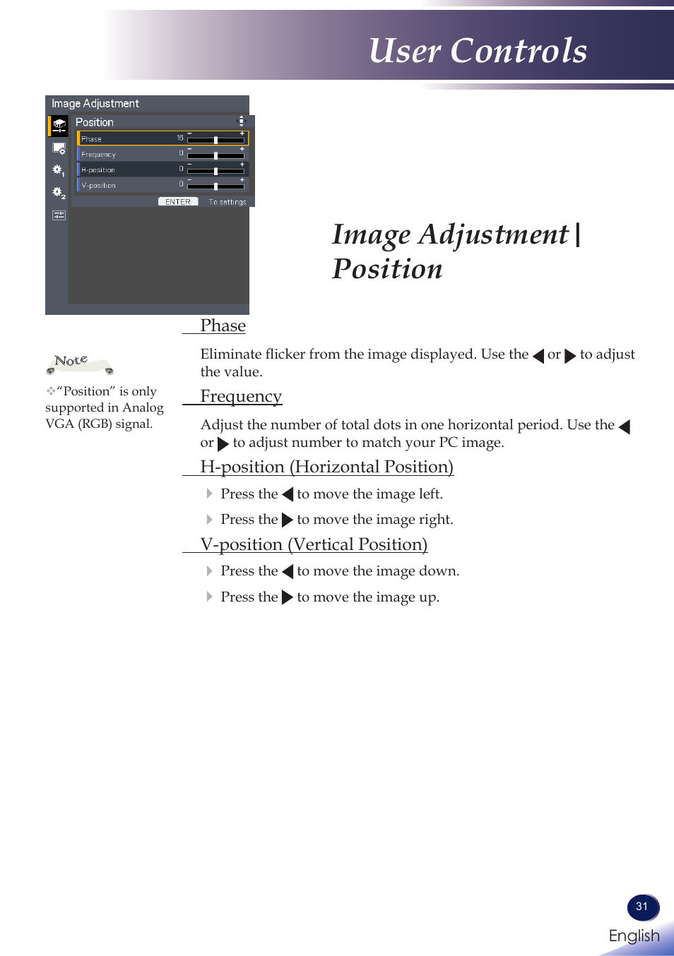 Image adjustment| position, User controls | Ricoh PROJECTOR PJ S2130 User Manual | Page 32 / 54