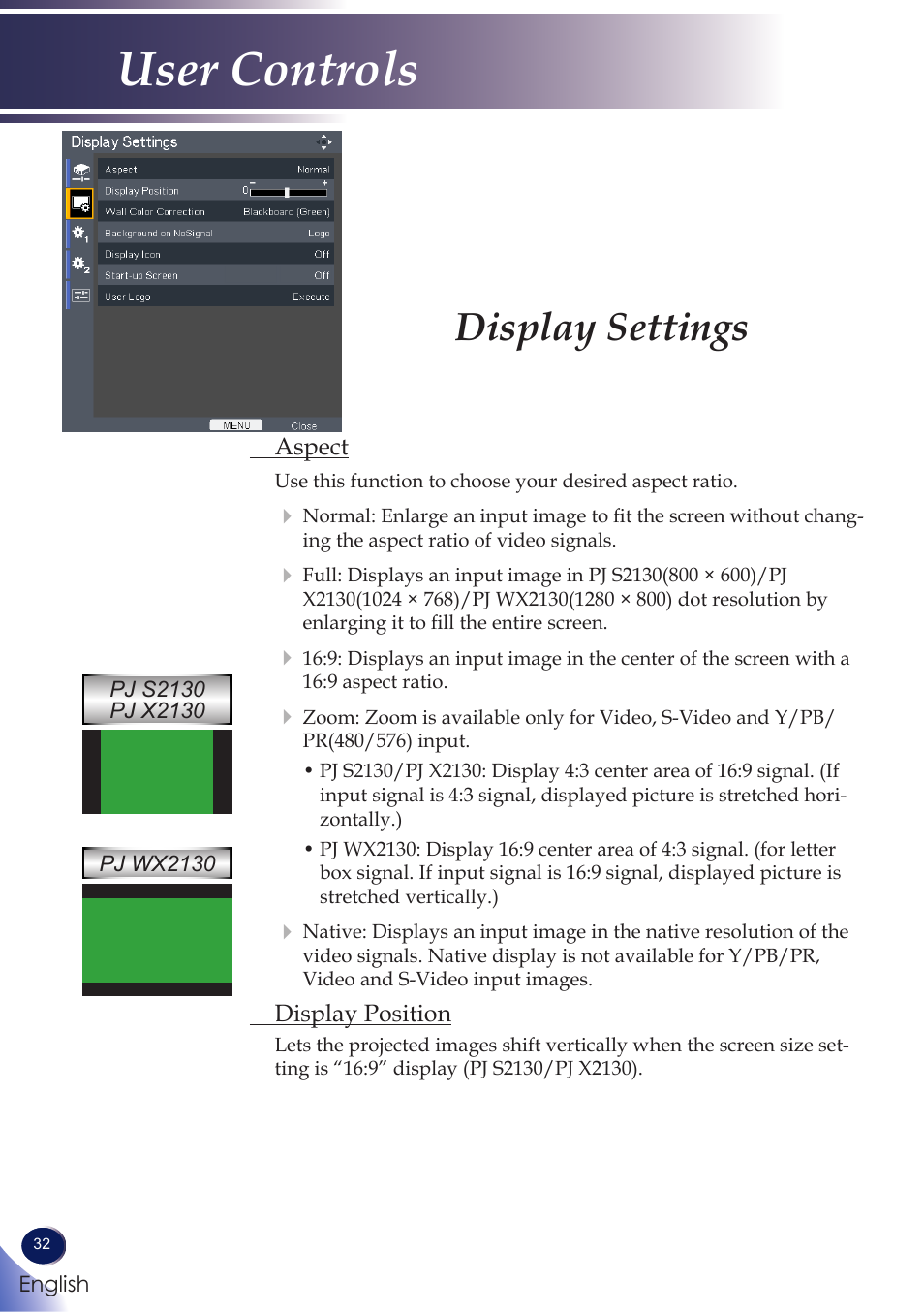 Display settings, User controls | Ricoh PROJECTOR PJ S2130 User Manual | Page 33 / 54
