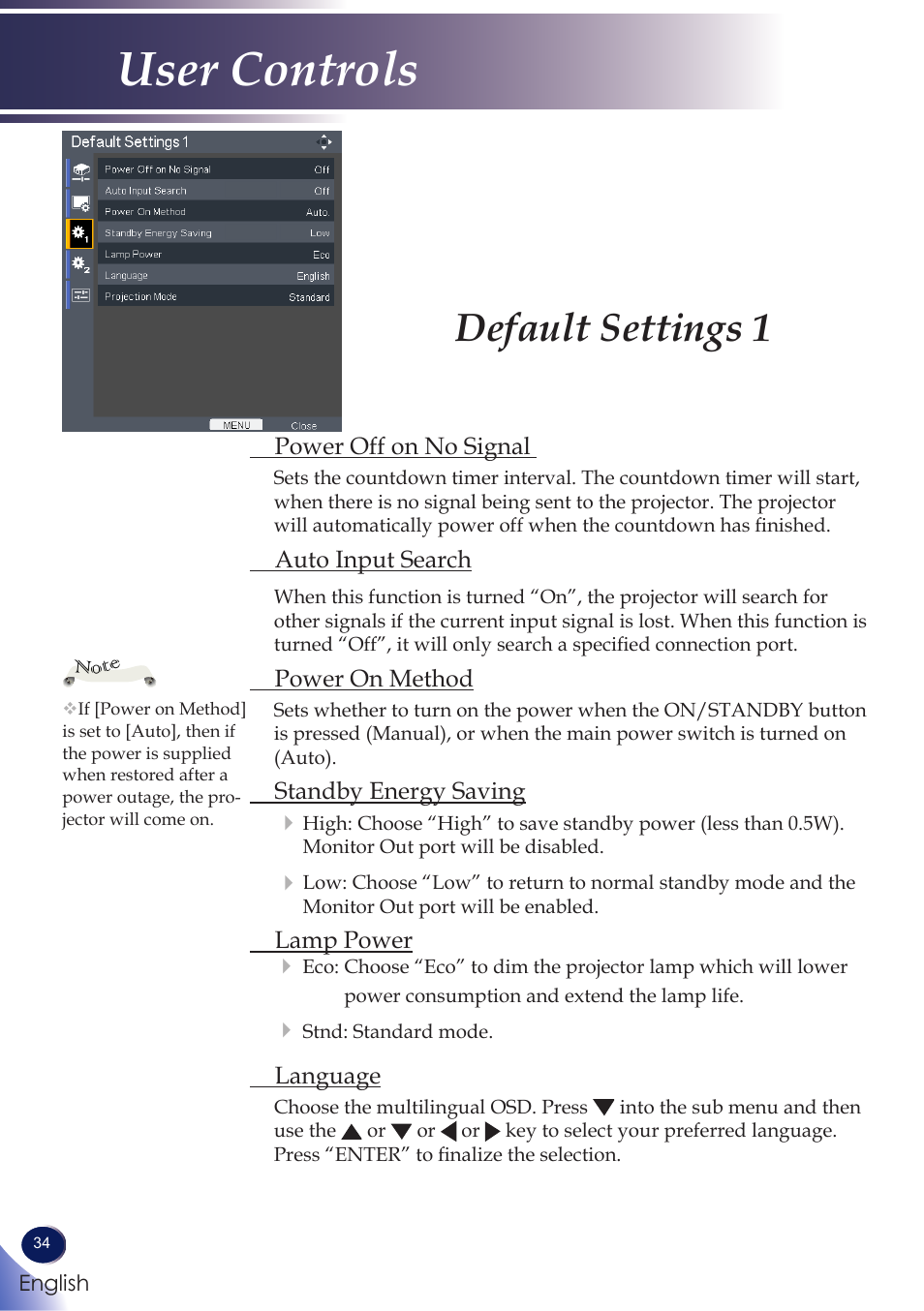 Default settings 1, User controls | Ricoh PROJECTOR PJ S2130 User Manual | Page 35 / 54