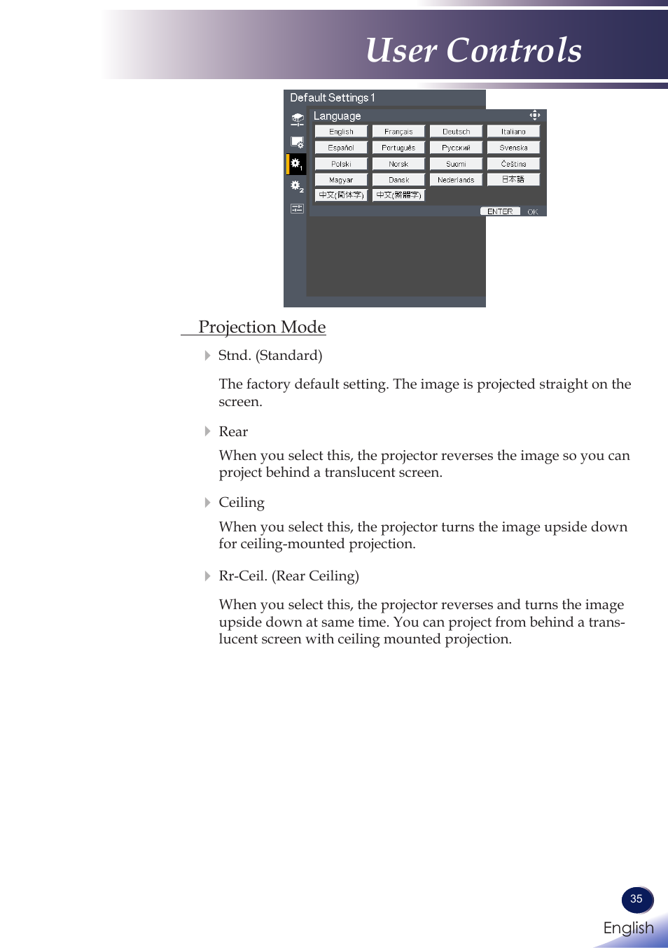 User controls | Ricoh PROJECTOR PJ S2130 User Manual | Page 36 / 54