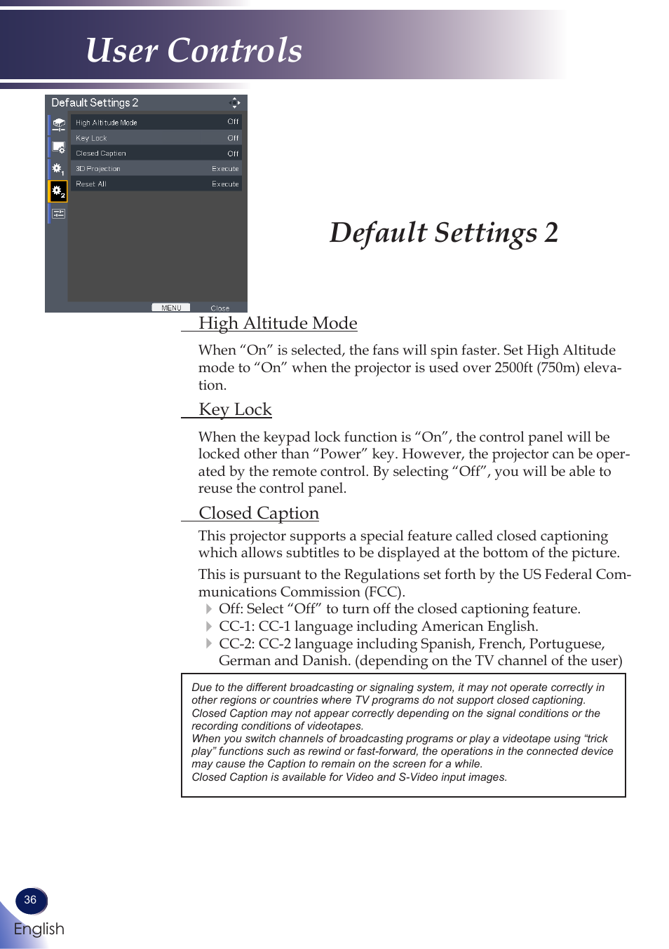 Default settings 2, User controls | Ricoh PROJECTOR PJ S2130 User Manual | Page 37 / 54