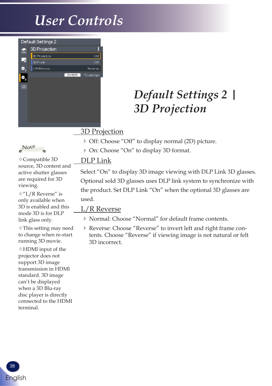Default settings 2 | 3d projection, User controls | Ricoh PROJECTOR PJ S2130 User Manual | Page 39 / 54