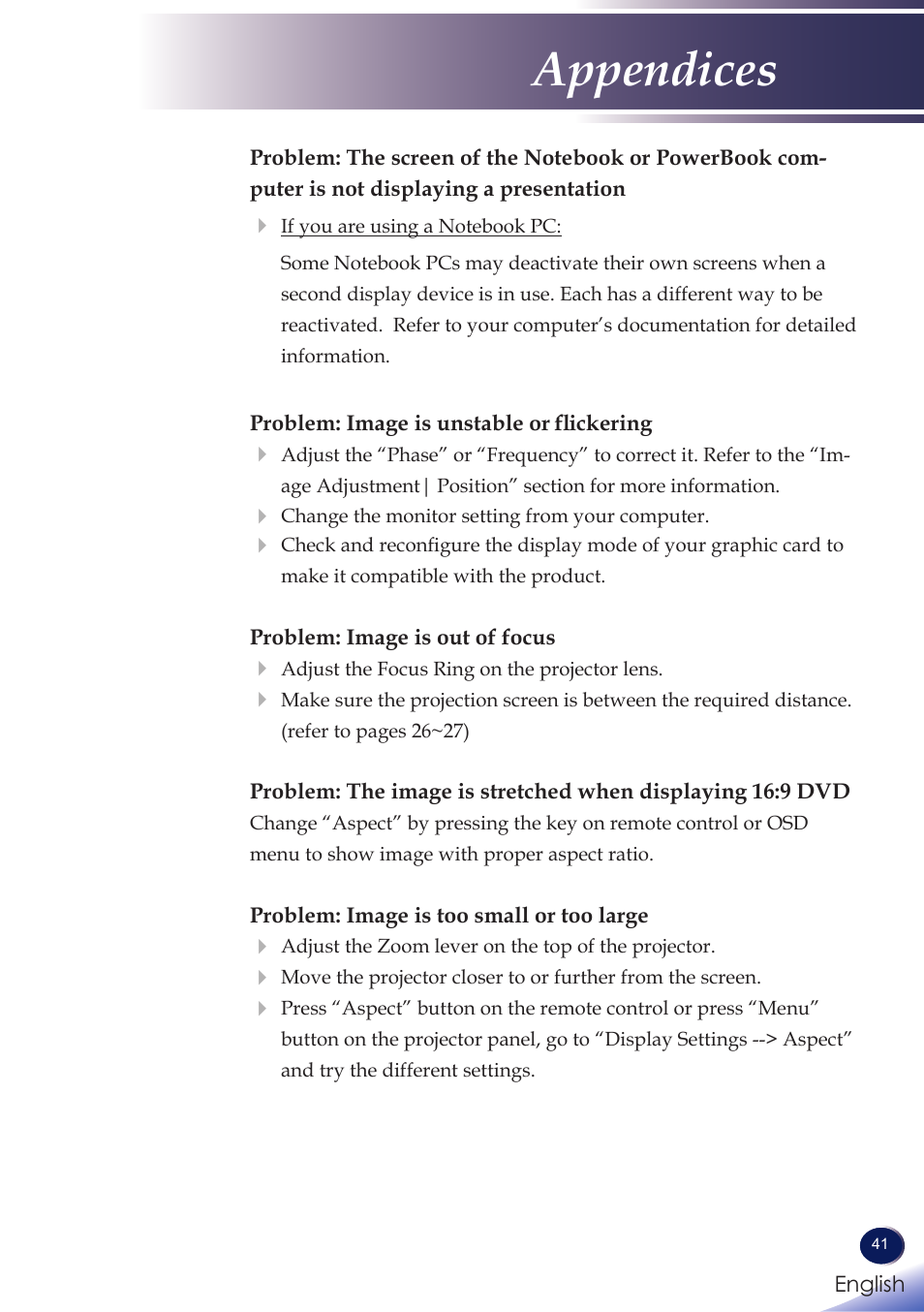 Appendices | Ricoh PROJECTOR PJ S2130 User Manual | Page 42 / 54