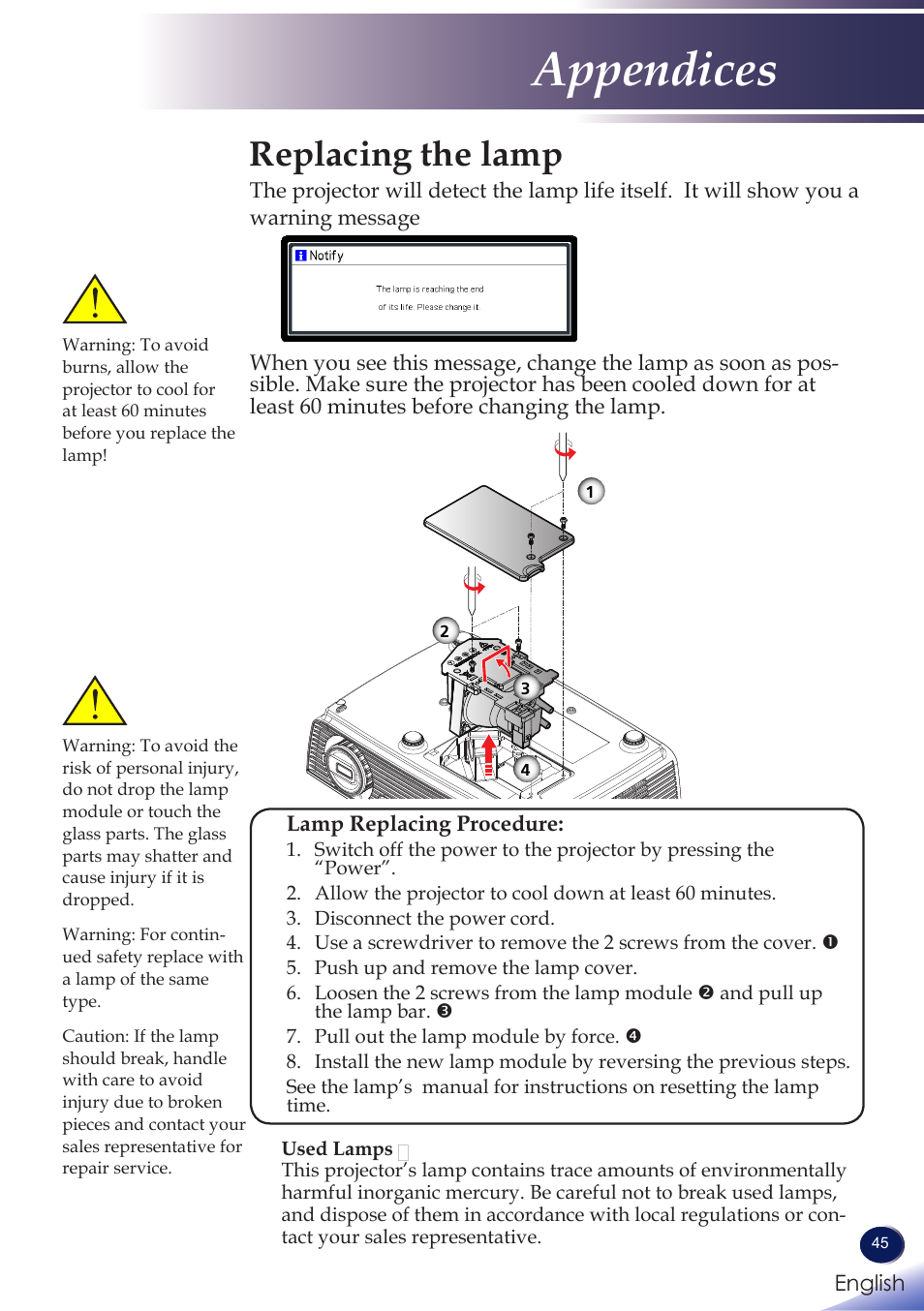 Replacing the lamp, Appendices | Ricoh PROJECTOR PJ S2130 User Manual | Page 46 / 54