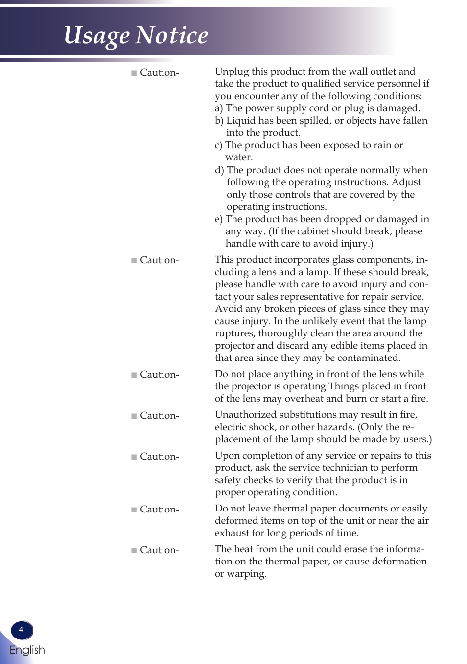 Usage notice | Ricoh PROJECTOR PJ S2130 User Manual | Page 5 / 54