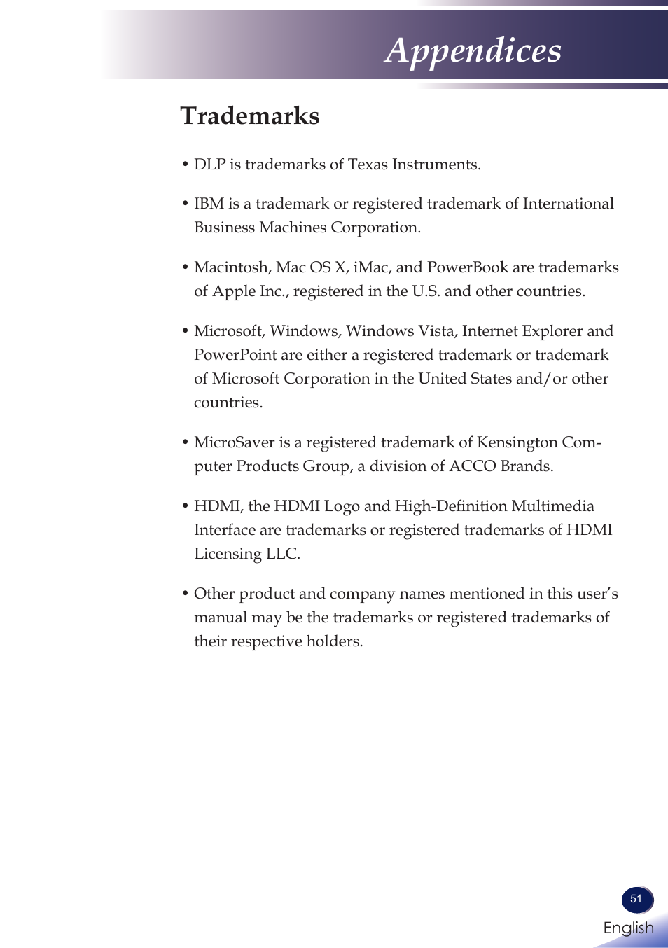 Trademarks, Appendices | Ricoh PROJECTOR PJ S2130 User Manual | Page 52 / 54