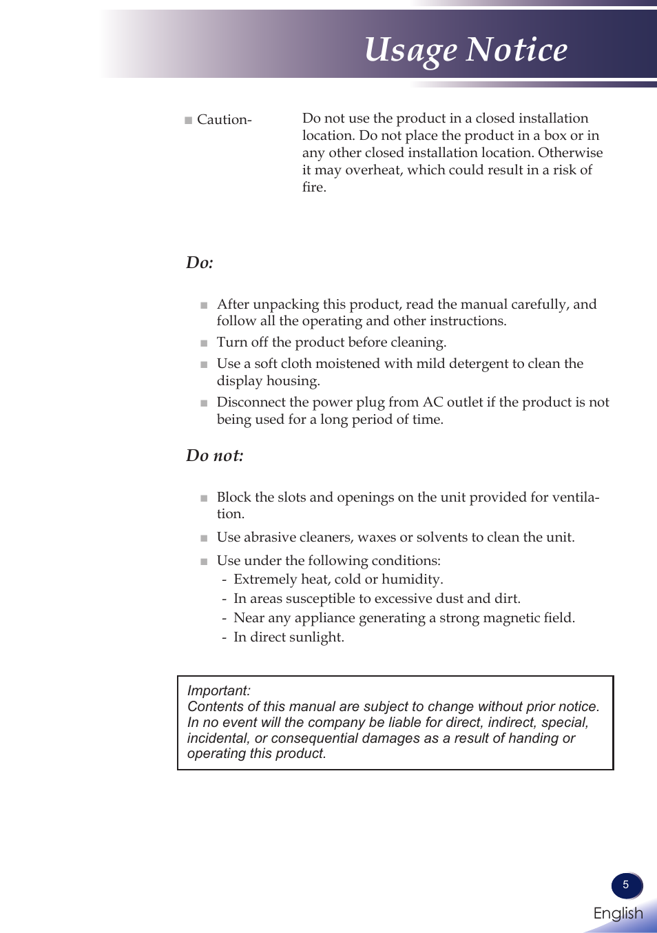Usage notice | Ricoh PROJECTOR PJ S2130 User Manual | Page 6 / 54
