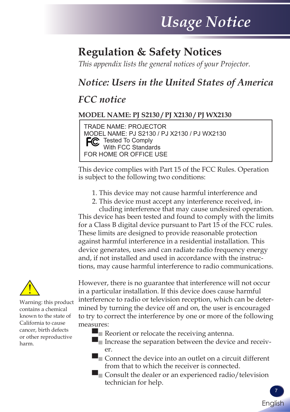 Regulation & safety notices, Usage notice | Ricoh PROJECTOR PJ S2130 User Manual | Page 8 / 54