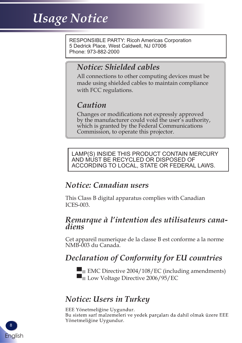 Usage notice, Notice: shielded cables, Caution | Notice: canadian users, Declaration of conformity for eu countries, Notice: users in turkey | Ricoh PROJECTOR PJ S2130 User Manual | Page 9 / 54