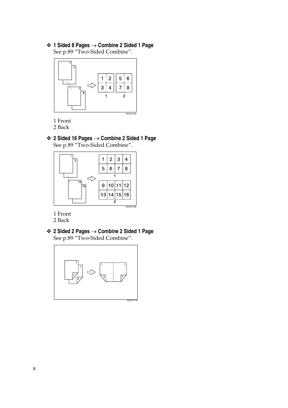 X❖ 1 sided 8 pages → combine 2 sided 1 page, 2 sided 2 pages → combine 2 sided 1 page | Ricoh Aficio MP C3500 User Manual | Page 12 / 212