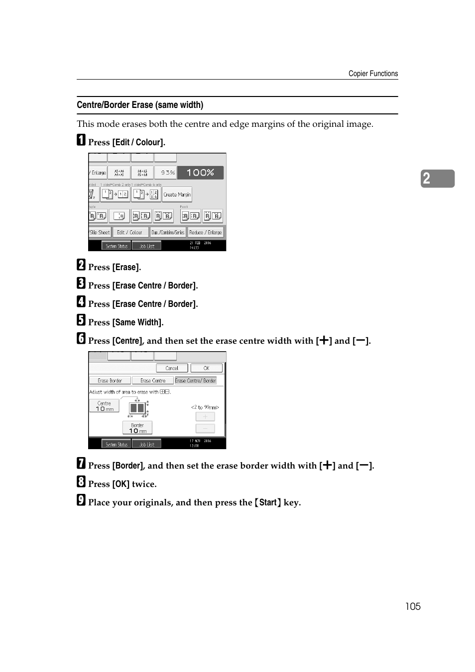Centre/border erase (same width) | Ricoh Aficio MP C3500 User Manual | Page 129 / 212
