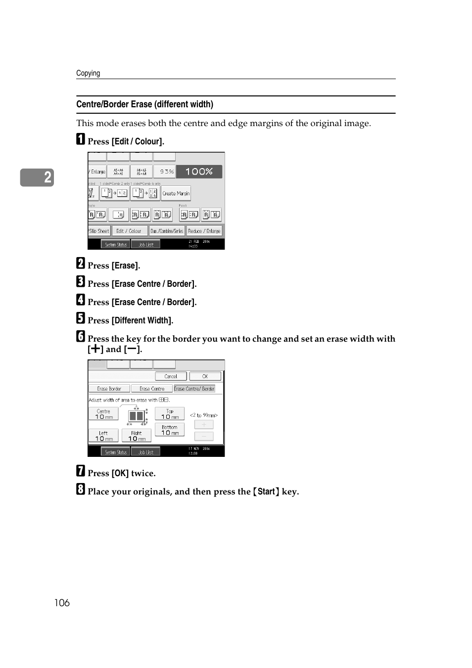 Centre/border erase (different width) | Ricoh Aficio MP C3500 User Manual | Page 130 / 212