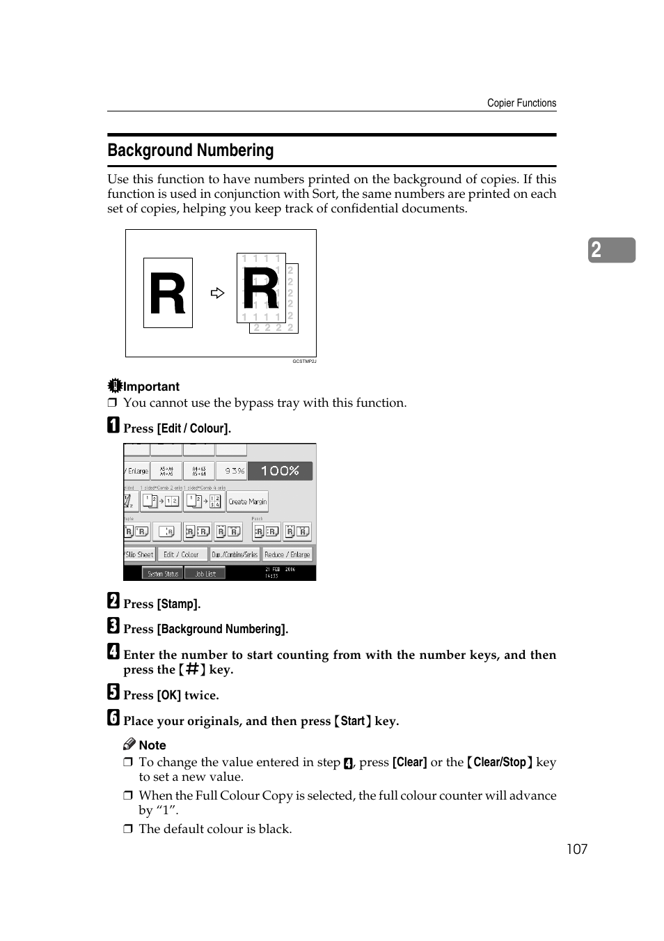 Background numbering, See p.107 “background numbering | Ricoh Aficio MP C3500 User Manual | Page 131 / 212