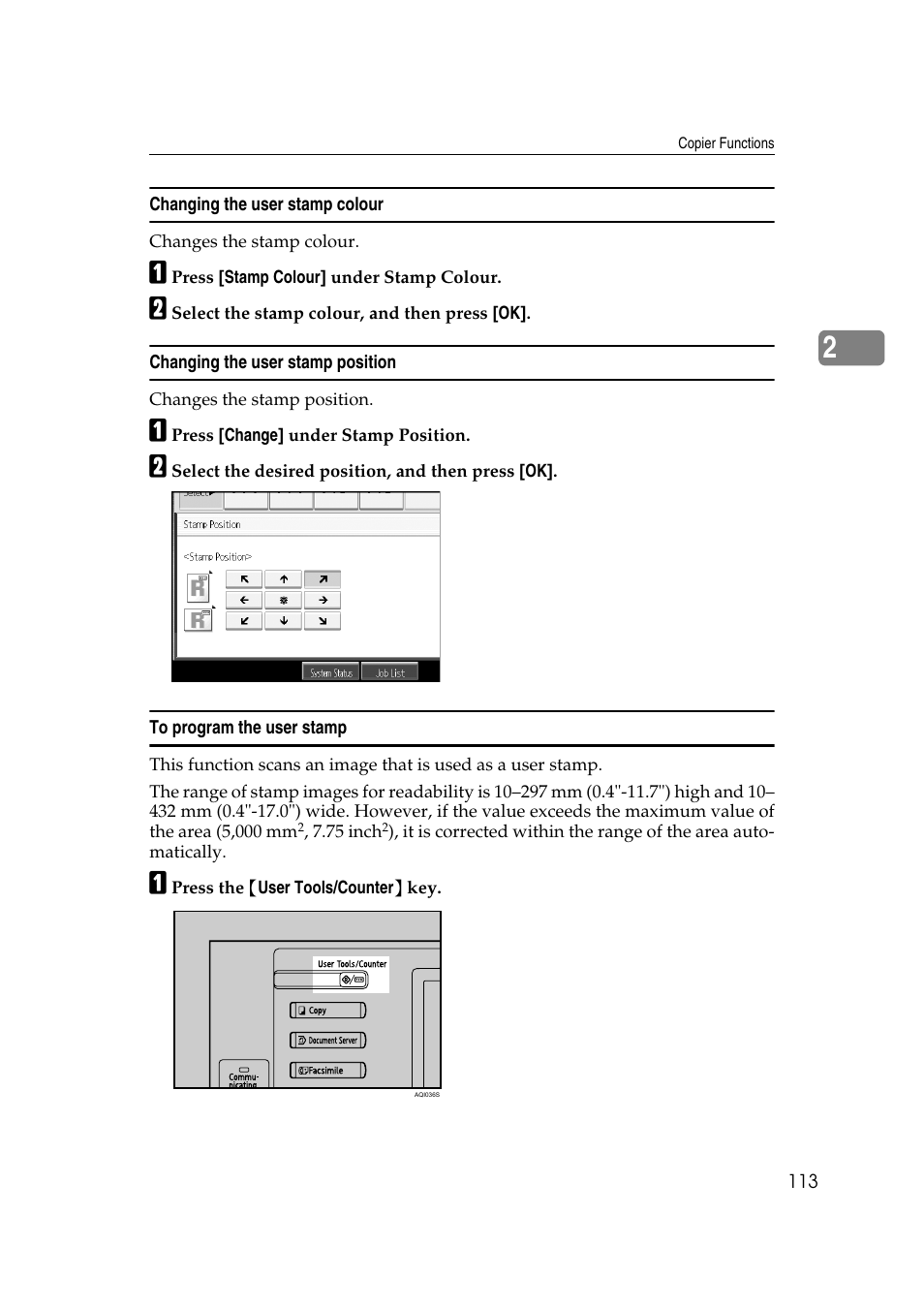 Changing the user stamp colour, Changing the user stamp position, To program the user stamp | Ricoh Aficio MP C3500 User Manual | Page 137 / 212