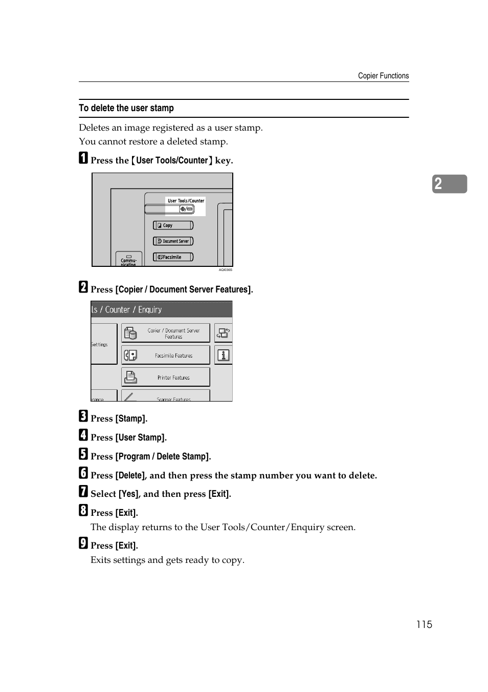 To delete the user stamp | Ricoh Aficio MP C3500 User Manual | Page 139 / 212