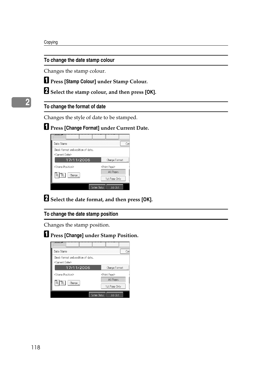 To change the date stamp colour, To change the format of date, To change the date stamp position | Ricoh Aficio MP C3500 User Manual | Page 142 / 212