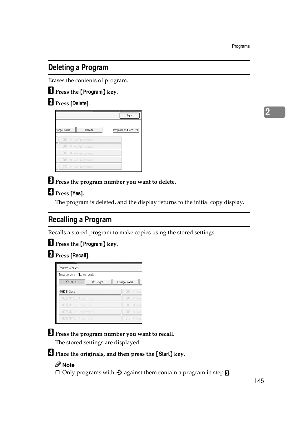Deleting a program, Recalling a program, Deleting a program recalling a program | Ricoh Aficio MP C3500 User Manual | Page 169 / 212