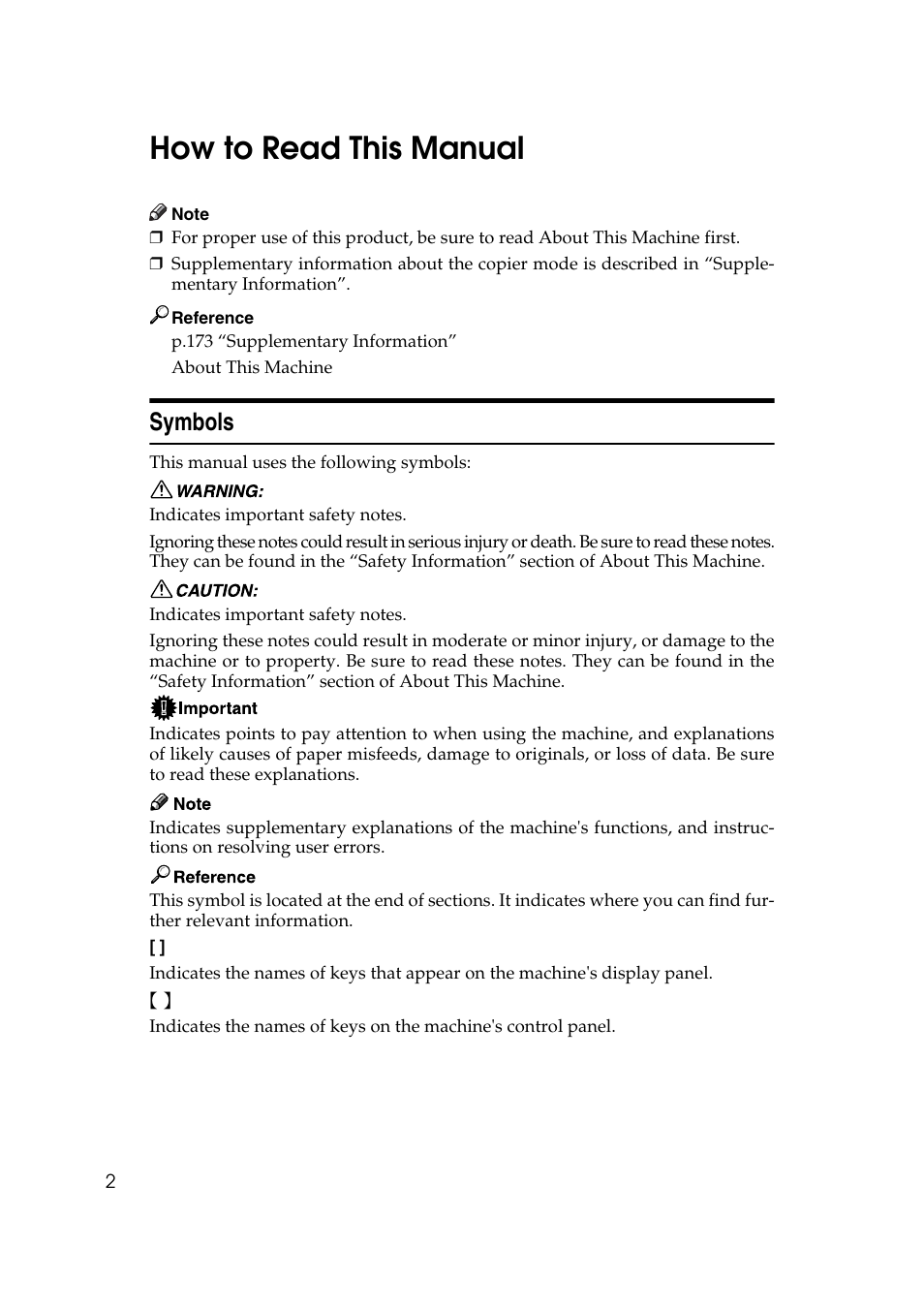 How to read this manual, Symbols | Ricoh Aficio MP C3500 User Manual | Page 26 / 212