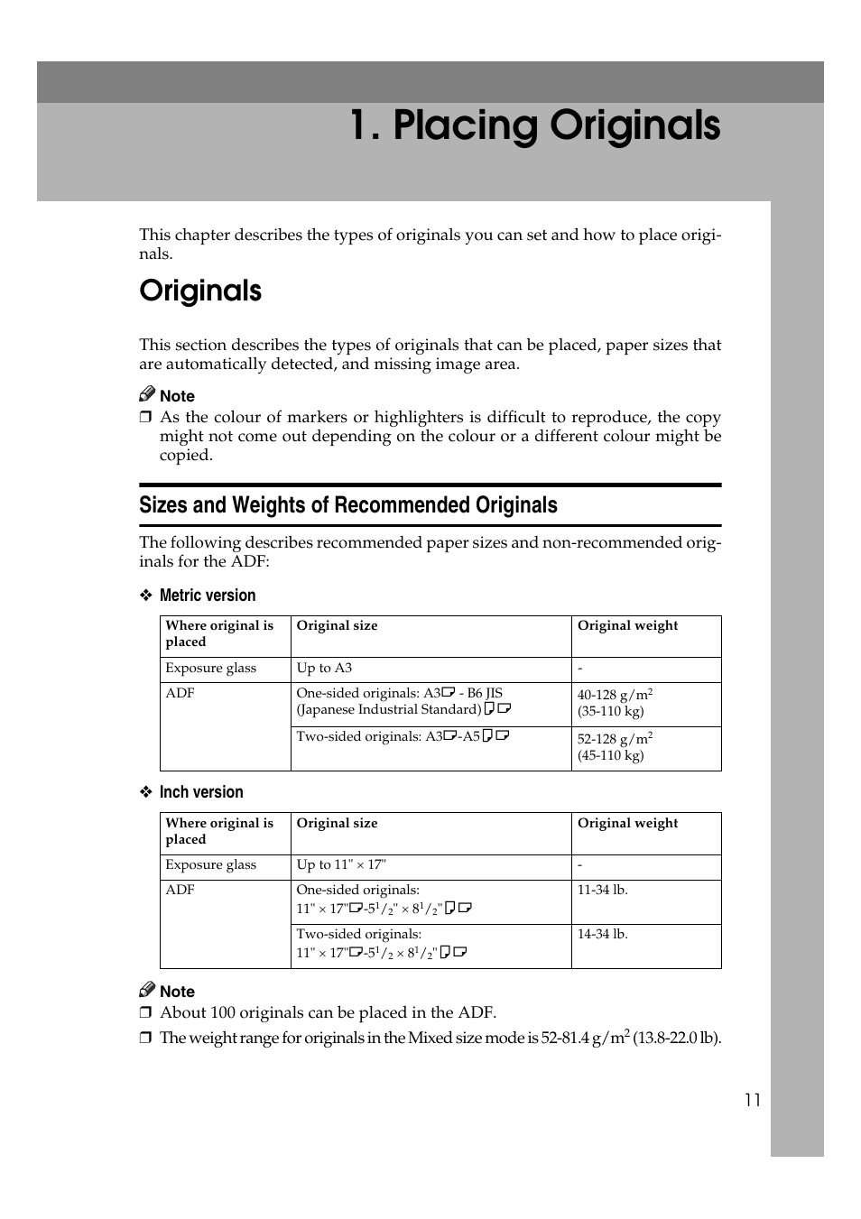  placing originals, Originals, Sizes and weights of recommended originals | Placing originals | Ricoh Aficio MP C3500 User Manual | Page 35 / 212
