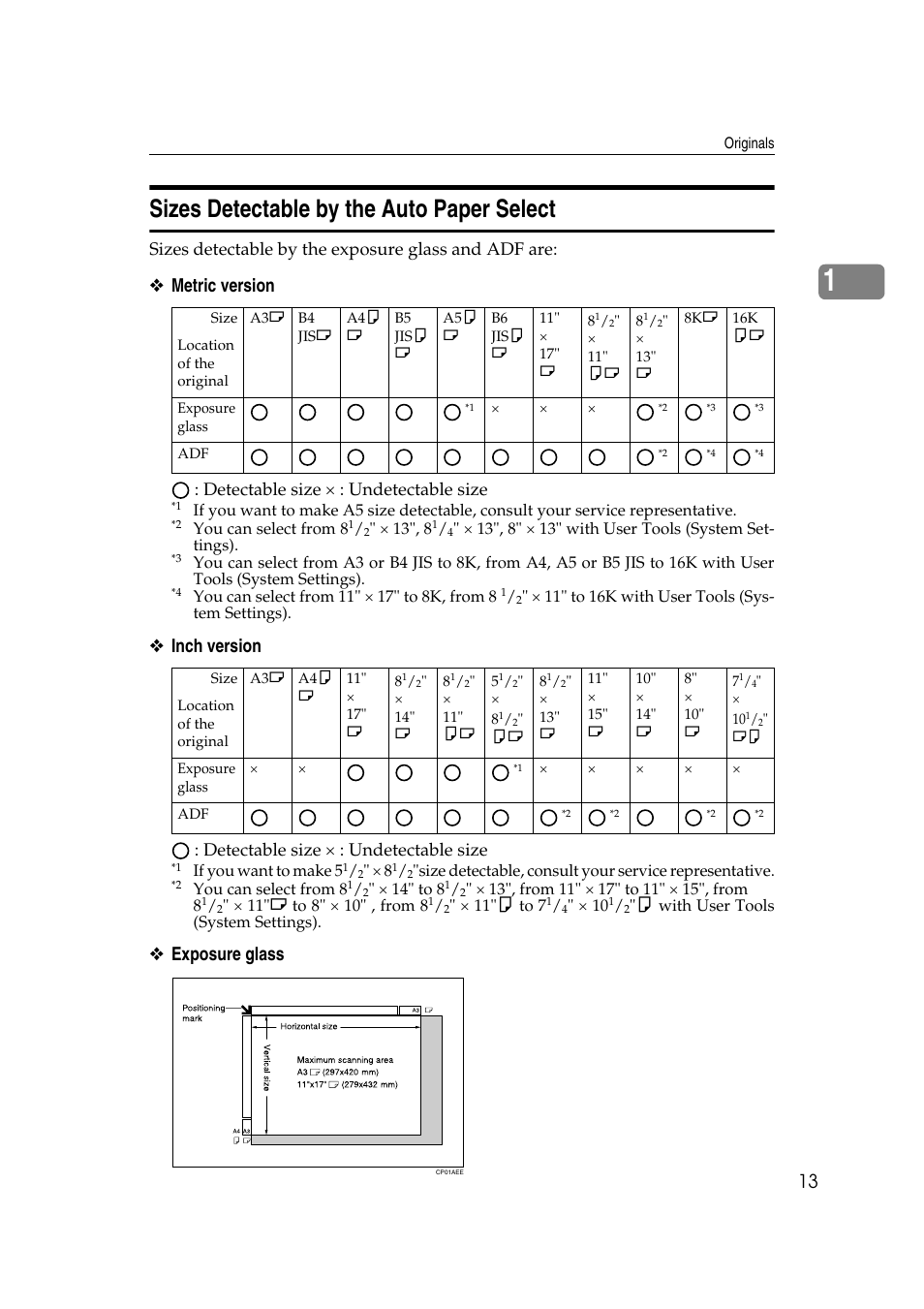 Sizes detectable by the auto paper select, Metric version, Inch version | Exposure glass, Sizes detectable by the exposure glass and adf are, Detectable size × : undetectable size | Ricoh Aficio MP C3500 User Manual | Page 37 / 212