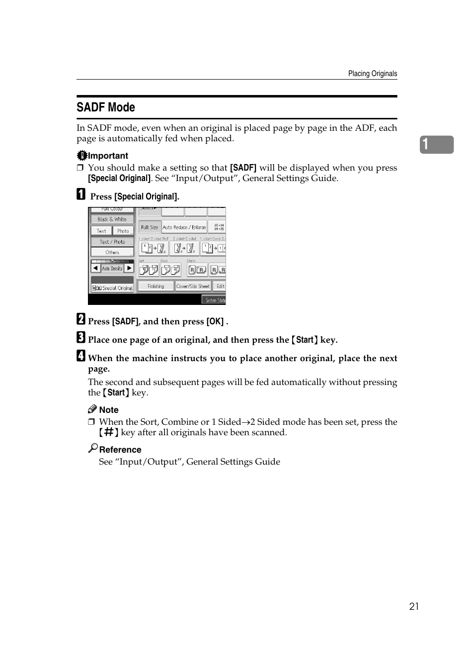 Sadf mode, See p.21 “sadf mode | Ricoh Aficio MP C3500 User Manual | Page 45 / 212