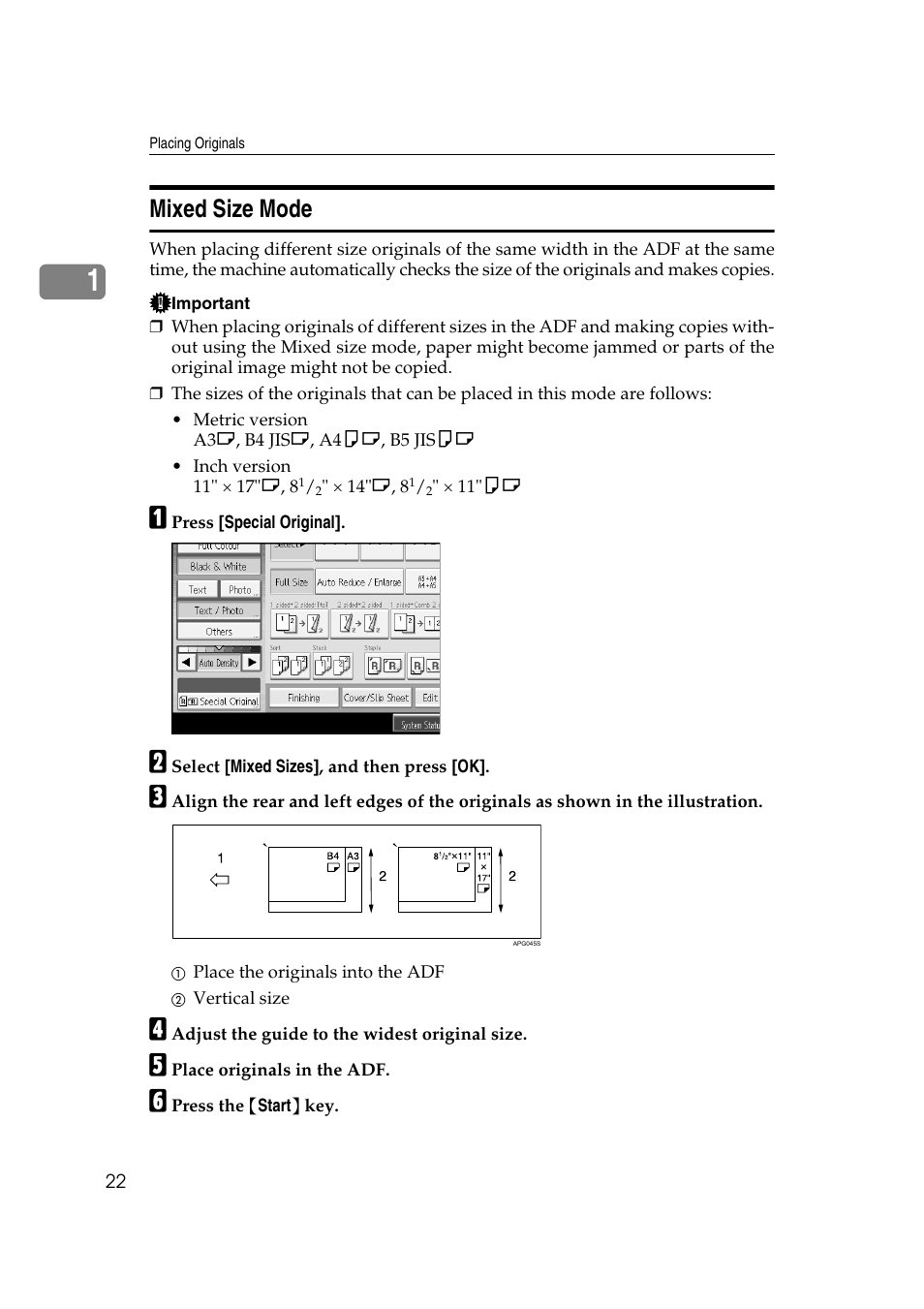 Mixed size mode, See p.22 “mixed size mode | Ricoh Aficio MP C3500 User Manual | Page 46 / 212