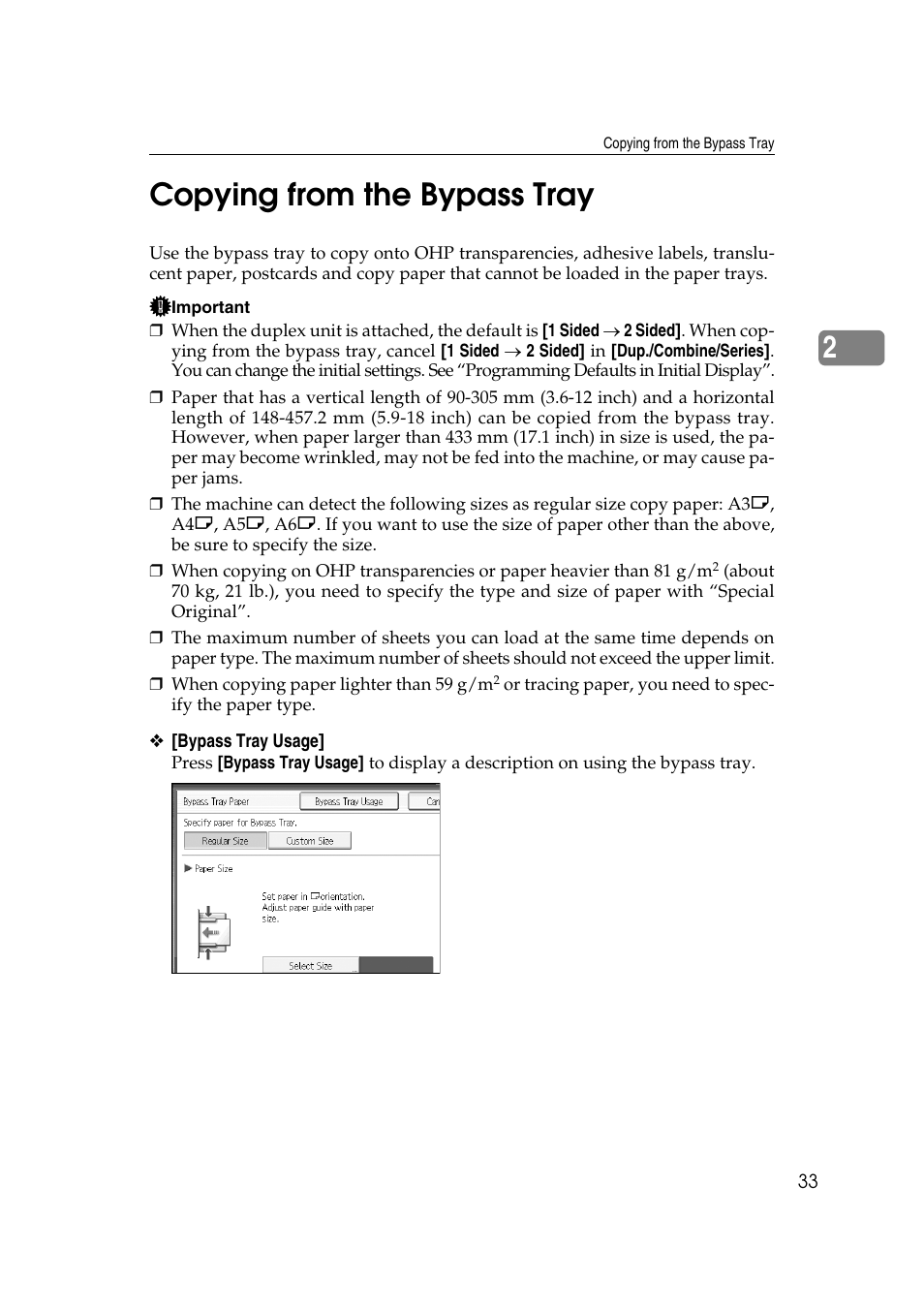 Copying from the bypass tray, 2copying from the bypass tray | Ricoh Aficio MP C3500 User Manual | Page 57 / 212
