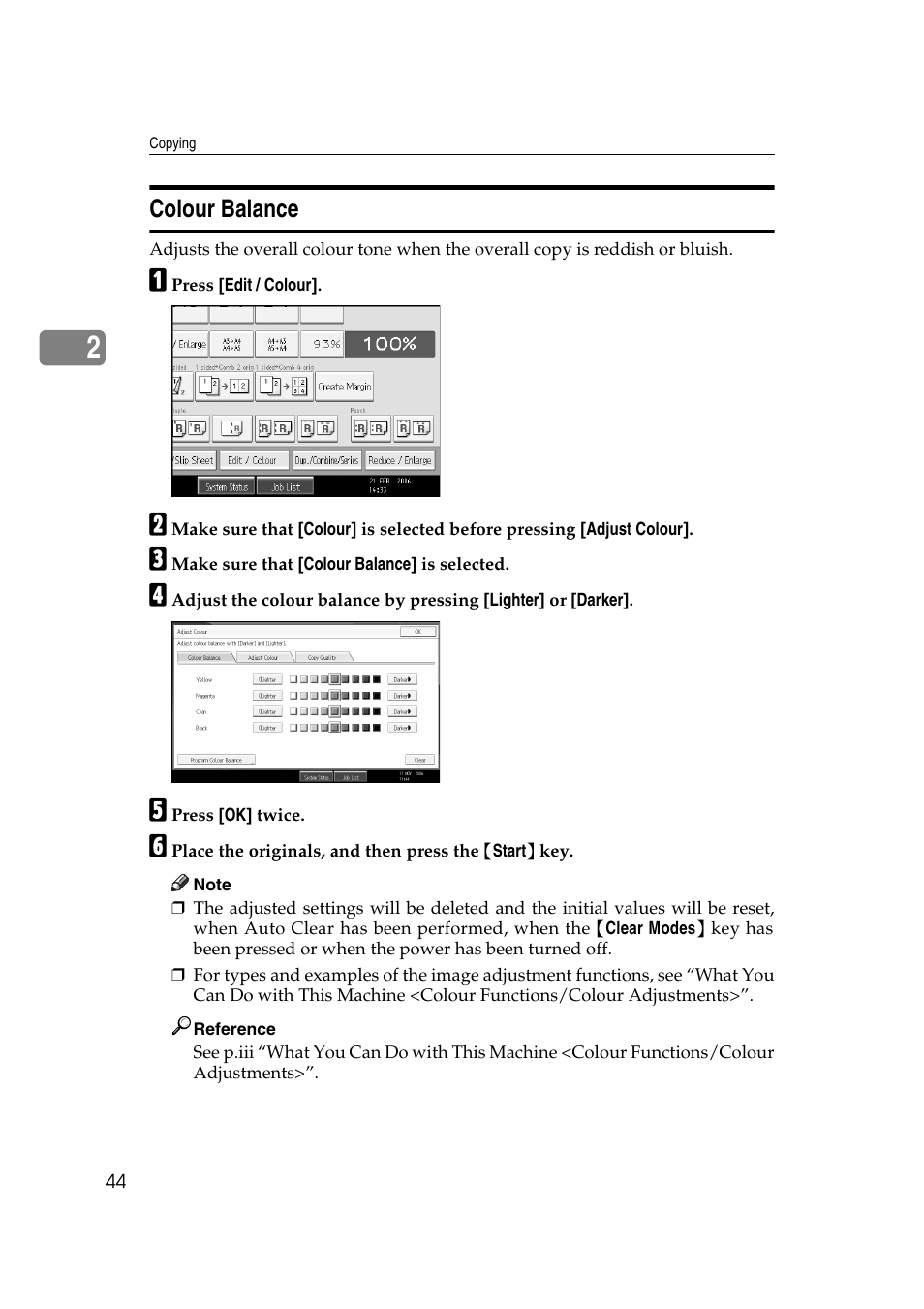 Colour balance, See p.44 “colour balance | Ricoh Aficio MP C3500 User Manual | Page 68 / 212