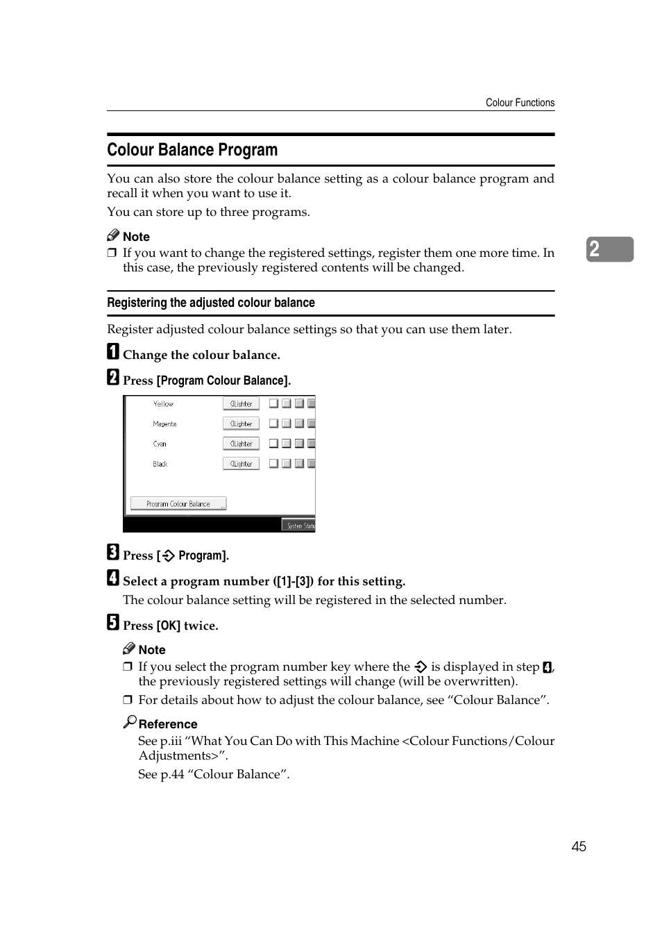 Colour balance program, Registering the adjusted colour balance | Ricoh Aficio MP C3500 User Manual | Page 69 / 212