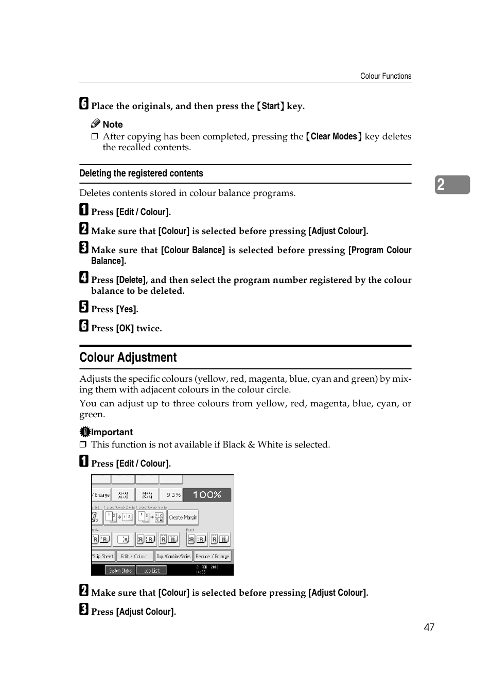 Deleting the registered contents, Colour adjustment | Ricoh Aficio MP C3500 User Manual | Page 71 / 212