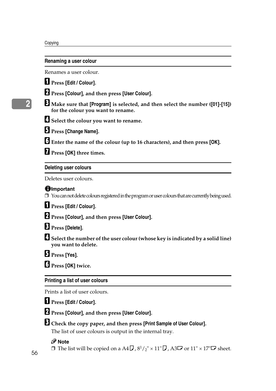 Renaming a user colour, Deleting user colours, Printing a list of user colours | Ricoh Aficio MP C3500 User Manual | Page 80 / 212