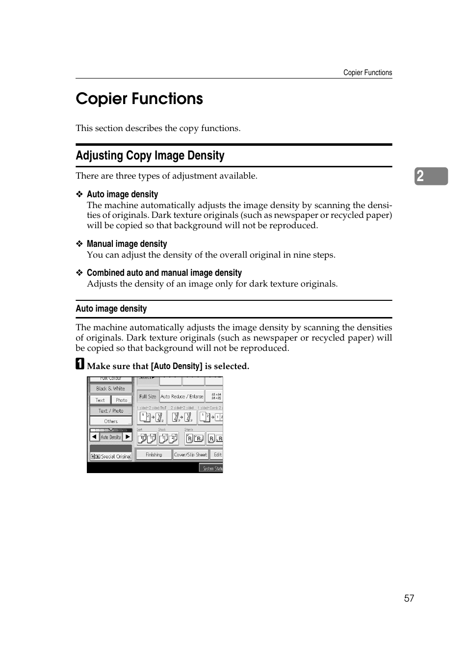 Copier functions, Adjusting copy image density, Auto image density | 2copier functions | Ricoh Aficio MP C3500 User Manual | Page 81 / 212