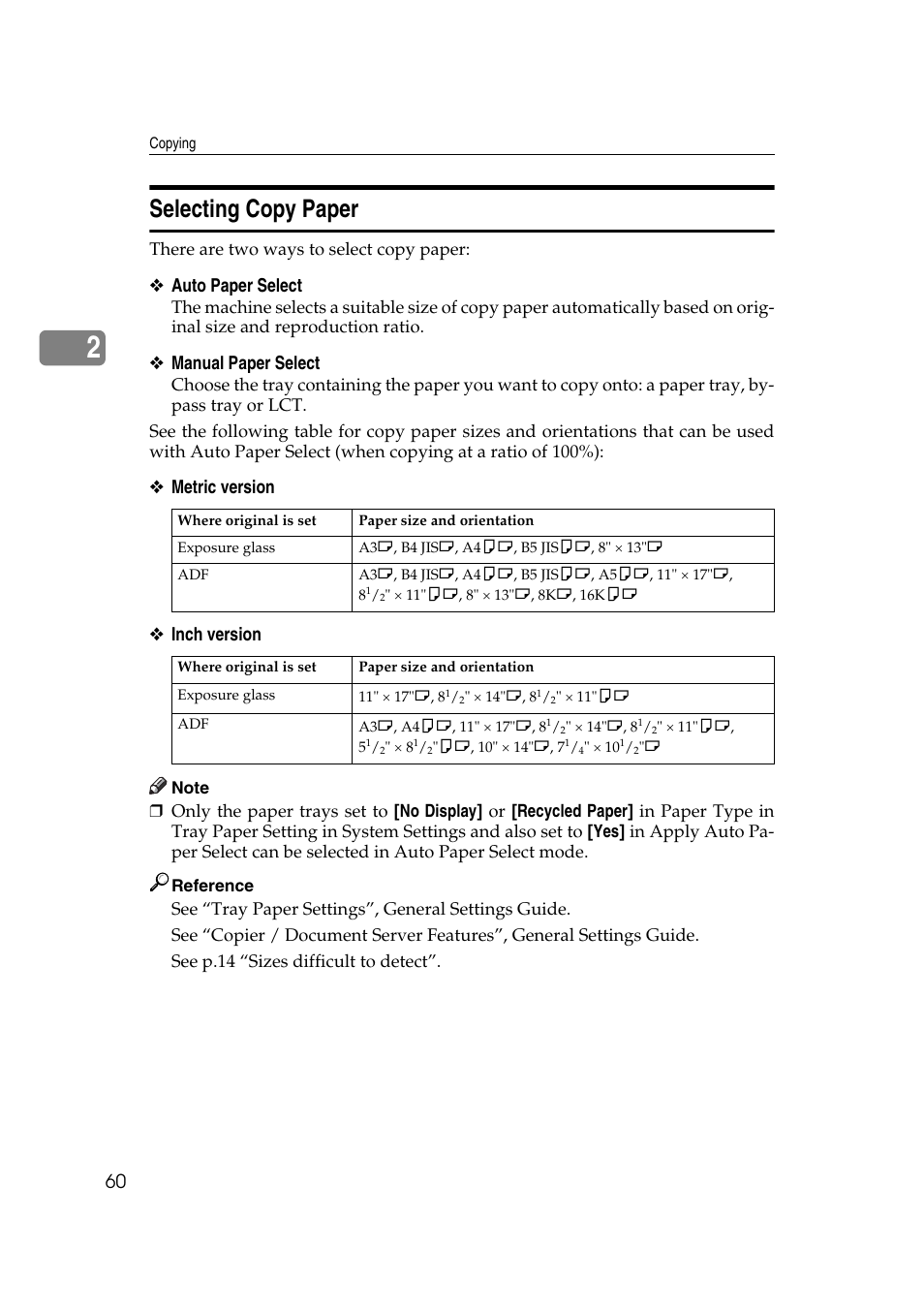 Selecting copy paper, Auto paper select, Manual paper select | Metric version ❖ inch version | Ricoh Aficio MP C3500 User Manual | Page 84 / 212