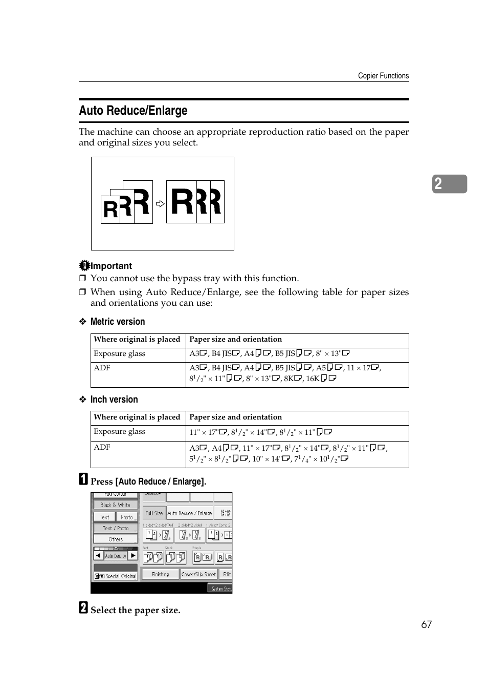 Auto reduce/enlarge, E p.67 “auto reduce/enlarge, Metric version ❖ inch version | Ricoh Aficio MP C3500 User Manual | Page 91 / 212