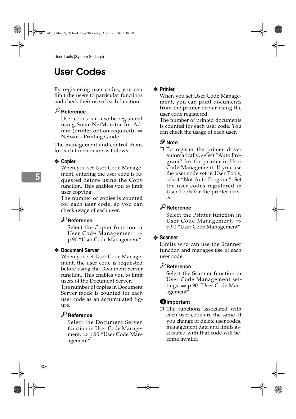 User codes, 5user codes | Ricoh 1075 User Manual | Page 110 / 202