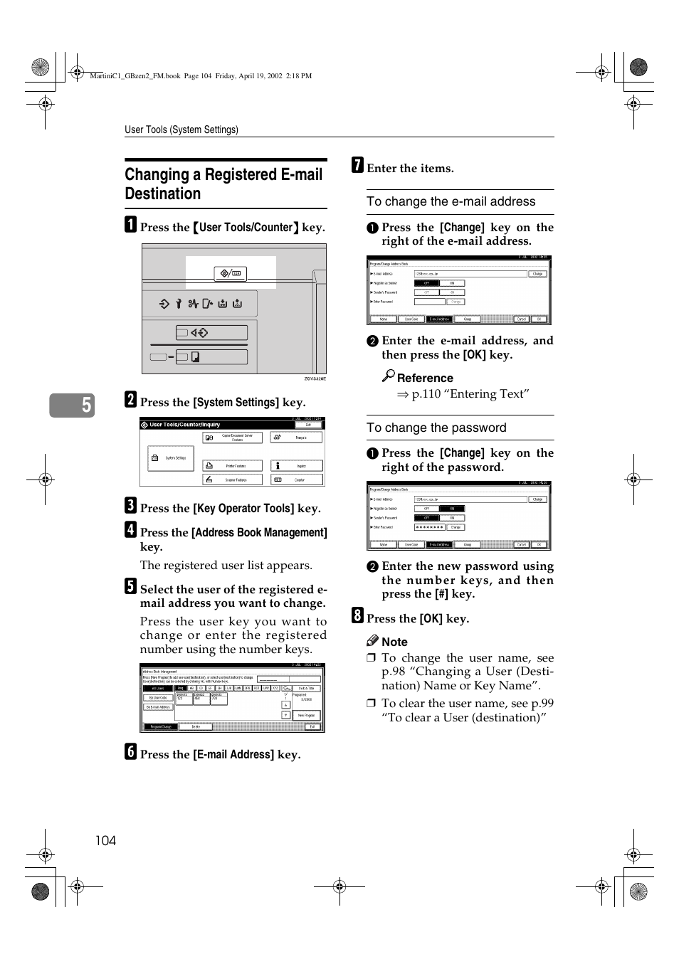 Changing a registered e-mail destination | Ricoh 1075 User Manual | Page 118 / 202
