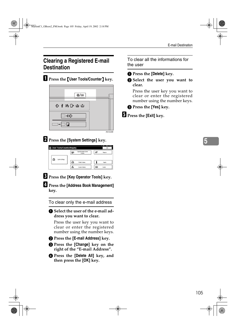 Clearing a registered e-mail destination | Ricoh 1075 User Manual | Page 119 / 202