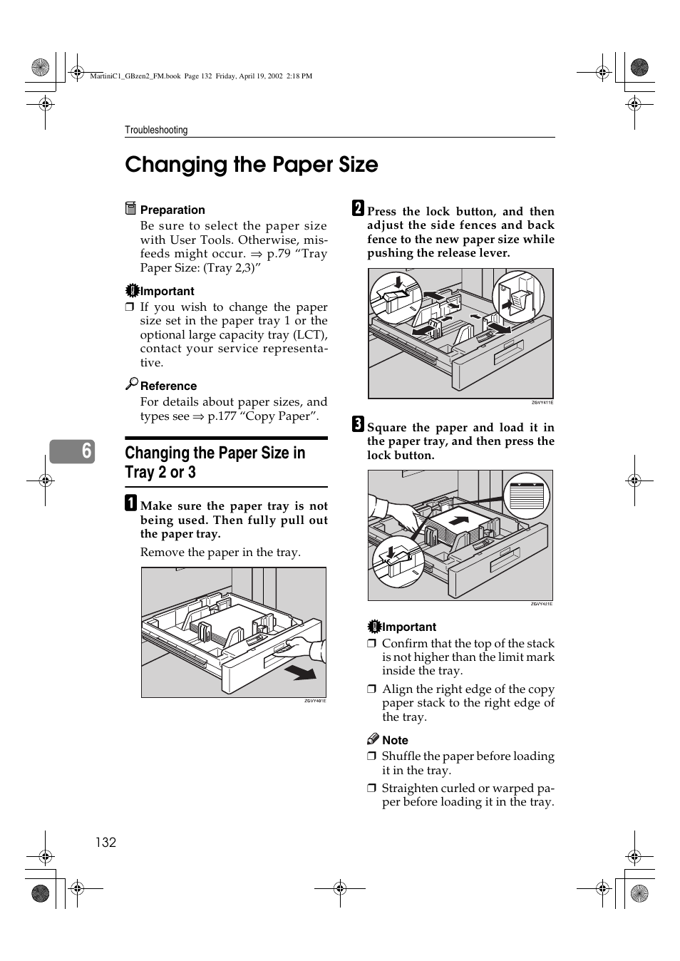 Changing the paper size, 6changing the paper size, Changing the paper size in tray 2 or 3 | Ricoh 1075 User Manual | Page 146 / 202