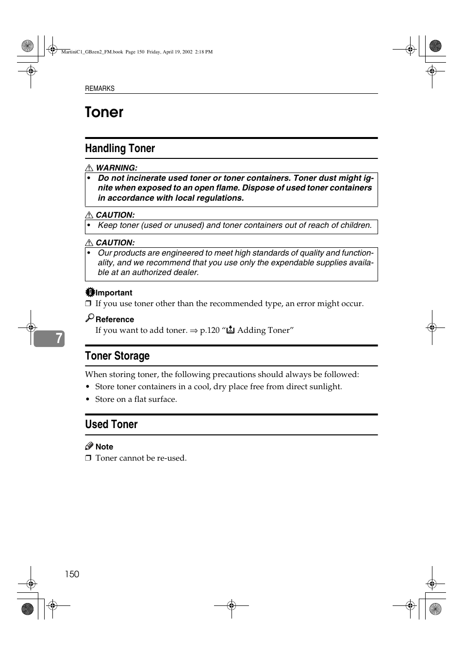 Toner, 7toner, Handling toner | Toner storage, Used toner | Ricoh 1075 User Manual | Page 164 / 202
