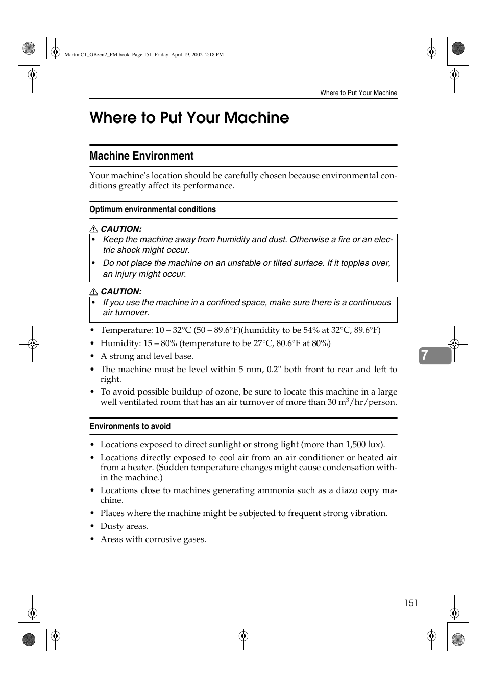 Where to put your machine, 7where to put your machine, Machine environment | Ricoh 1075 User Manual | Page 165 / 202