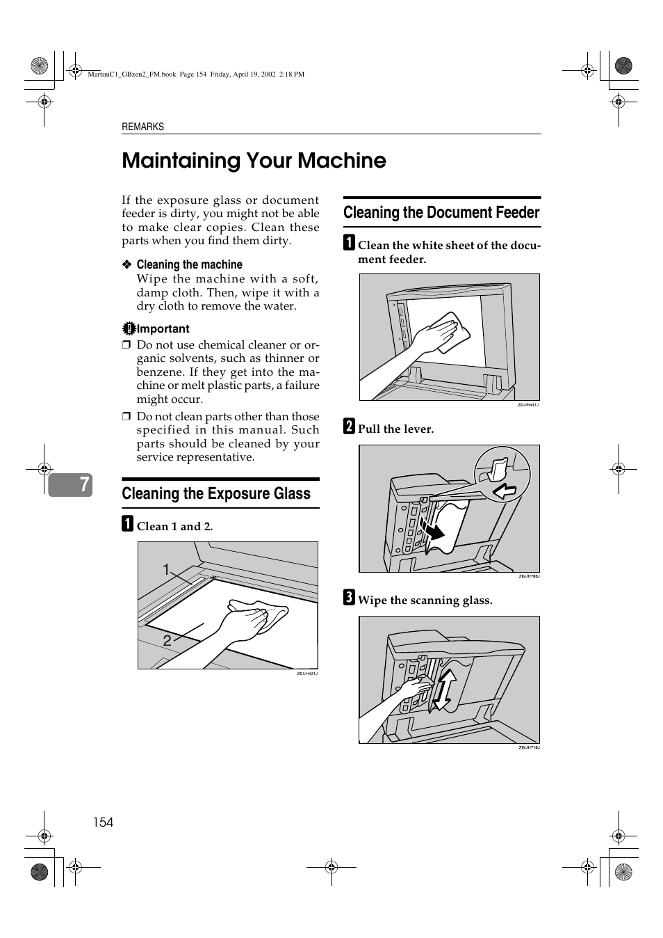 Maintaining your machine, 7maintaining your machine, Cleaning the exposure glass | Cleaning the document feeder | Ricoh 1075 User Manual | Page 168 / 202