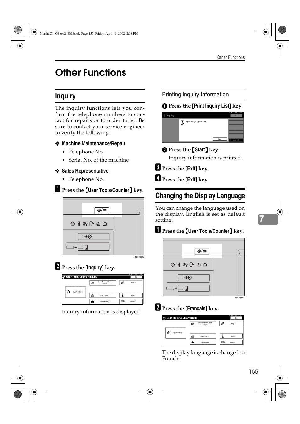 Other functions, Inquiry, Changing the display language | 7other functions | Ricoh 1075 User Manual | Page 169 / 202