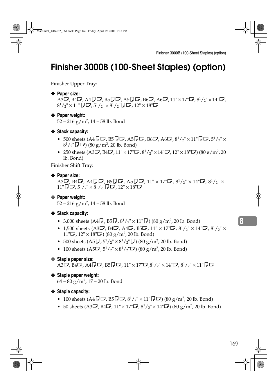 Finisher 3000b (100-sheet staples) | Ricoh 1075 User Manual | Page 183 / 202